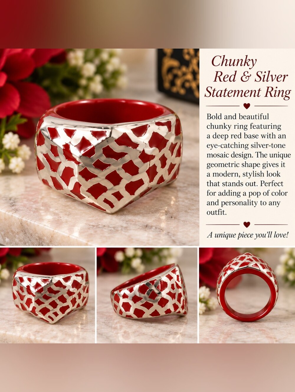 Bold Red Statement Ring with Gold Openwork